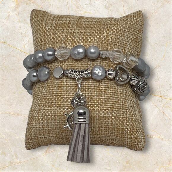 Coastal Chic Classic Beachy Silver Stretch Beaded Bracelet Set Eclectic Design - Picture 2 of 6